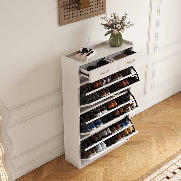 English Elm 31.49 Modern solid wood shoe cabinet with three flip tiers, compact 31.5x9.6x49.2 for organized entryways White W1278S00043