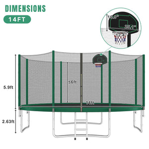 English Elm 14ft Round Backyard Trampoline with Enclosed Safety Net Basketball Hoop and Ladder Green N739S000003F