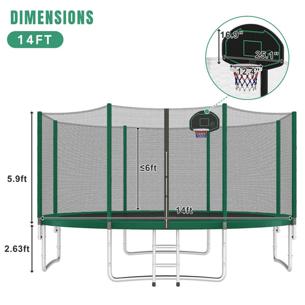 English Elm 14ft Round Backyard Trampoline with Enclosed Safety Net Basketball Hoop and Ladder Green N739S000003F