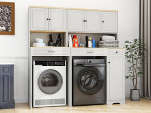 English Elm Over Washer Dryer Laundry Cabinet with Basket Drawer Adjustable Shelves Antique White W1120P338184