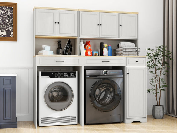 English Elm Over Washer Dryer Laundry Cabinet with Basket Drawer Adjustable Shelves Antique White W1120P338184