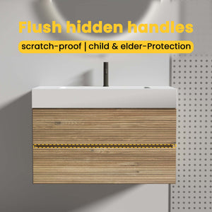 English Elm Grace Mid-Century Wall-Mounted Bathroom Vanity with White Quartz Basin, 20% More Storage, Soft-Closing Drawers and Hidden Handle for Quiet, Durable Modern Style Oak W1865S00115