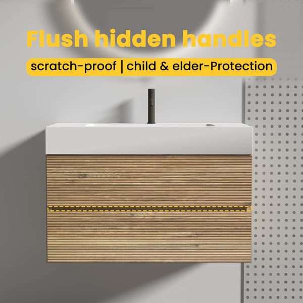 English Elm Grace 36" Wall-Mounted Rough Oak Bathroom Vanity With White Quartz Sink & Soft-Close Drawers W1865S00117