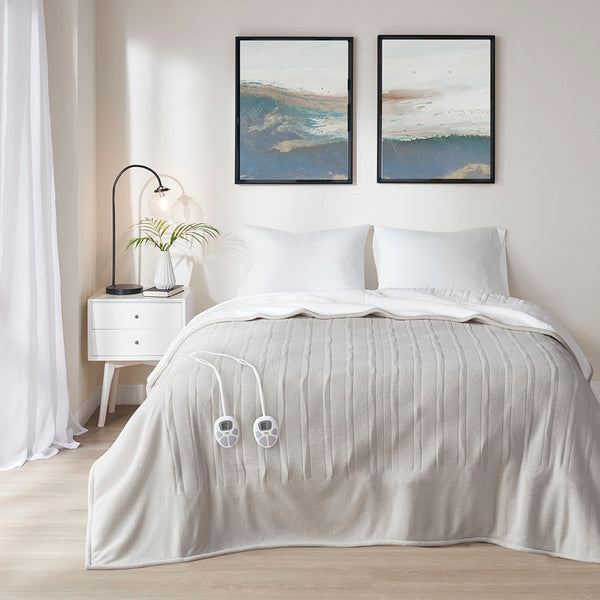 JLA Home Serta - Heated Serta Plush Fleece & Sherpa Blanket with 10 Heat Settings, Timer, Machine Washable, 5-Year Warranty Tan ST54-0110