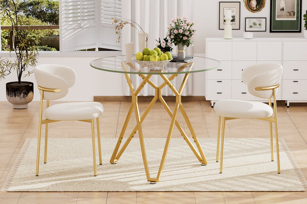 English Elm 35.4-Inch Round Tempered Glass Dining Table – Stylish Gold Finish For 1-4 People, Space-Saving Design W1162P306709