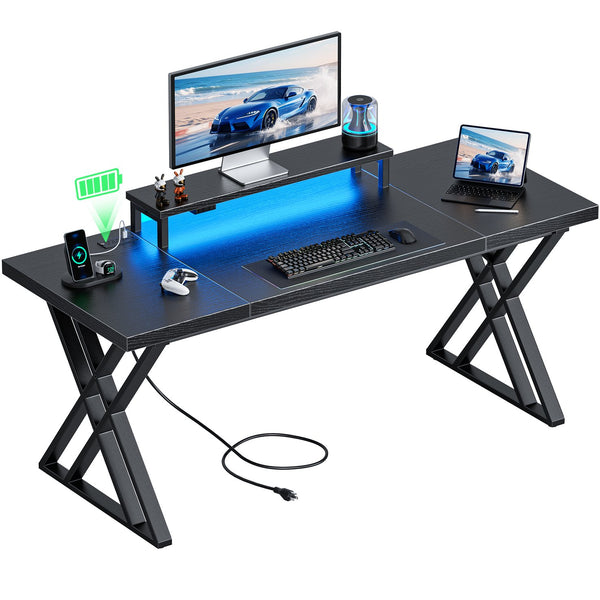 English Elm Thick Gaming Desk with USB Power Station, LED Mood Lighting, Monitor Riser & Waterproof Top for Home Setup Black W1550P288547
