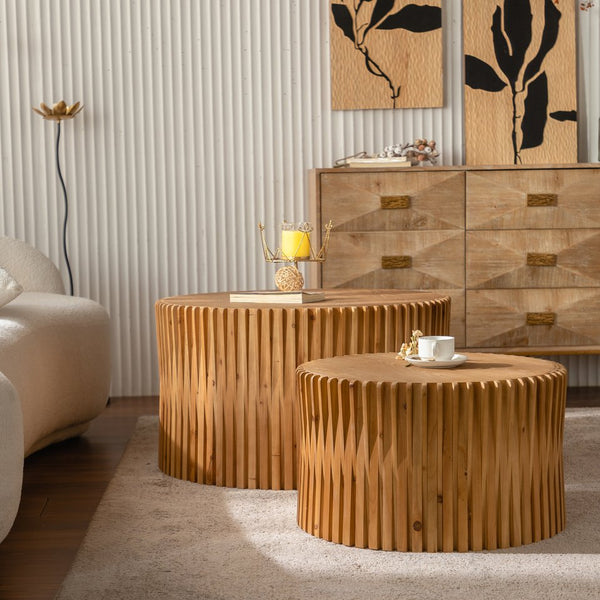 English Elm Vintage Round Nesting Coffee Tables Set of 2 — Textured Cylindrical Wood Accent Tables, Sturdy 110lb Capacity, No-Assembly Natural W757P264677