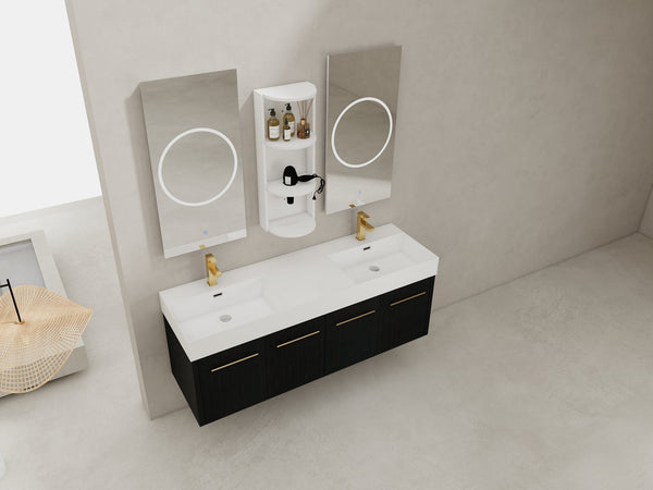 English Elm 60 Inch Wall-Mounted Bathroom Vanity With Double Resin Sink & Stylish Storage Rack, Easy Assembly W999S00372
