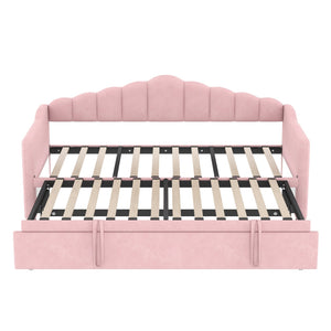 English Elm Upholstered Twin Daybed with Pop-Up Trundle, Built-In USB Type-C Charger, Side Pockets, Velvet Frame Pink 77.25 L x 17.25 W x 5.31 H N733S285118H