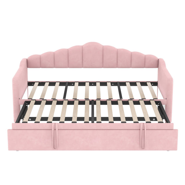 English Elm Upholstered Twin Daybed with Pop-Up Trundle, Built-In USB Type-C Charger, Side Pockets, Velvet Frame Pink 77.25 L x 17.25 W x 5.31 H N733S285118H