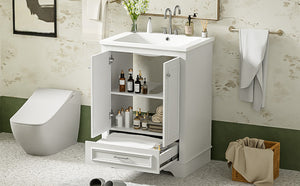 English Elm 24'' Bathroom Vanity with Ceramic Sink Combo Modern Freestanding MDF Cabinet with Soft-Close Doors and Sleek Silver Handles for Spacious Organized Bathroom Storage White N710P194893K