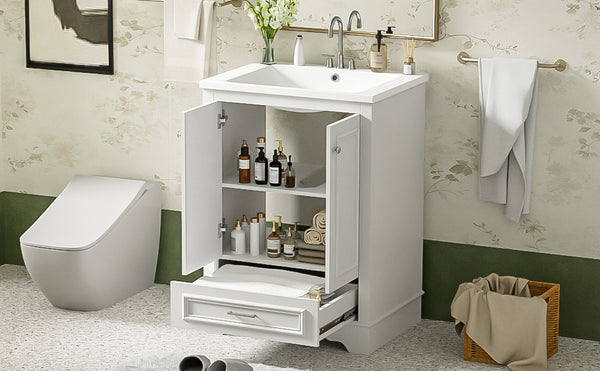 English Elm 24'' Bathroom Vanity with Ceramic Sink Combo Modern Freestanding MDF Cabinet with Soft-Close Doors and Sleek Silver Handles for Spacious Organized Bathroom Storage White N710P194893K