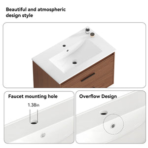 English Elm 30" Wall Mounted Bathroom Vanity Reddish Brown Mdf Two Soft Close Drawer Ceramic Sink W3133S00021