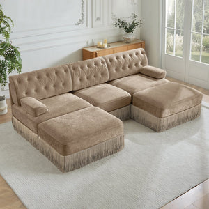 English Elm U Shaped Modular Sectional Sofa Chesterfield Tufted Velvet with Tassel Fringe Skirt Camel W714S01698