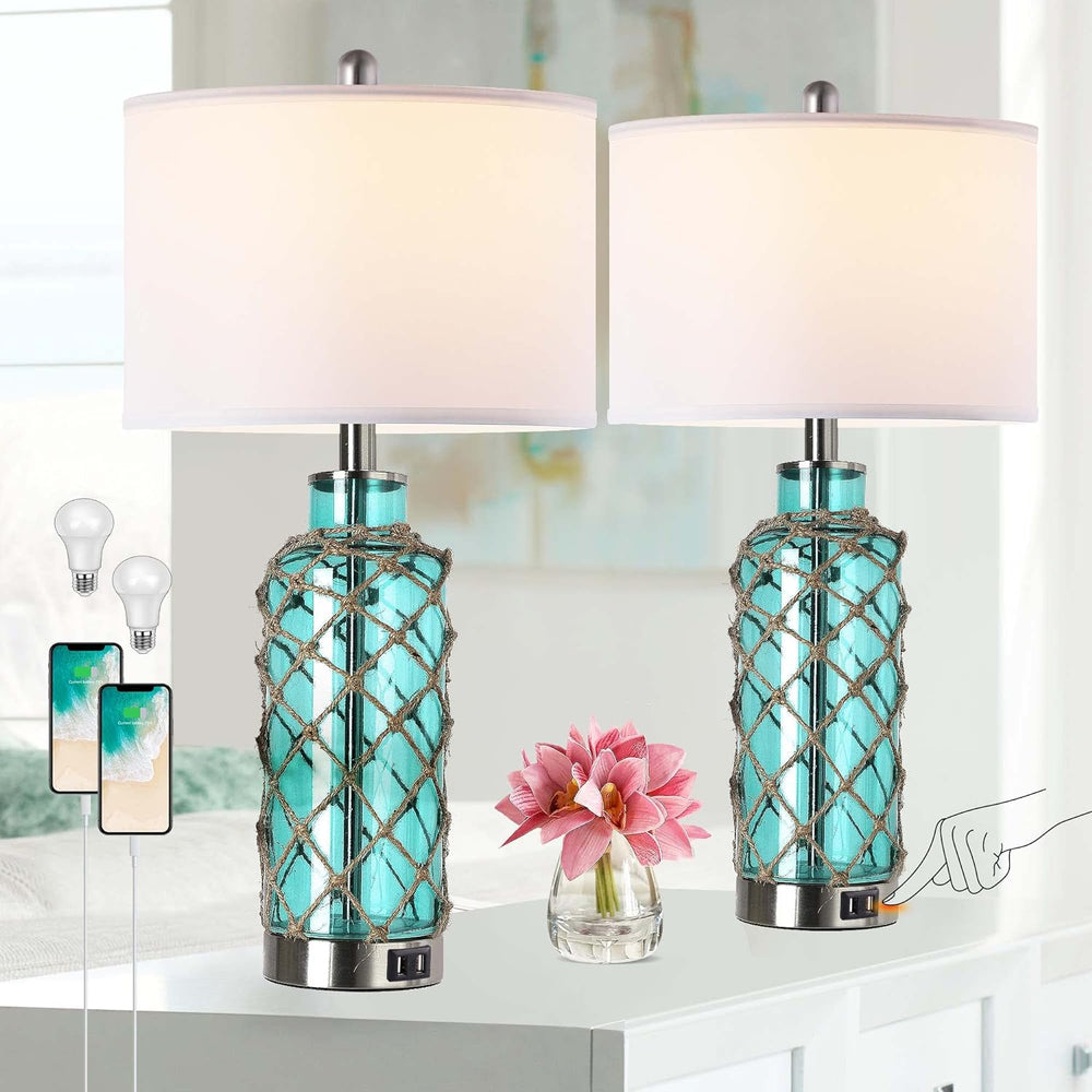 English Elm Cottage Blown Glass Rope Net Bedside Lamp Set Coastal Nautical Touch Dimmer Usb W3355P465377