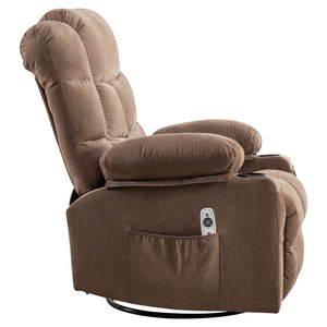 English Elm Oversized Swivel Recliner with Massage Heating Linen Upholstery and Usb Port Brown W1521P411662