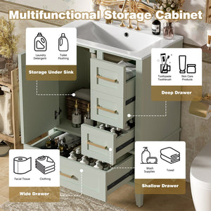 English Elm 24" Olive Bathroom Vanity Solid Wood Frame Ceramic Sink Gold Hardware Soft Close Green N729P373276F