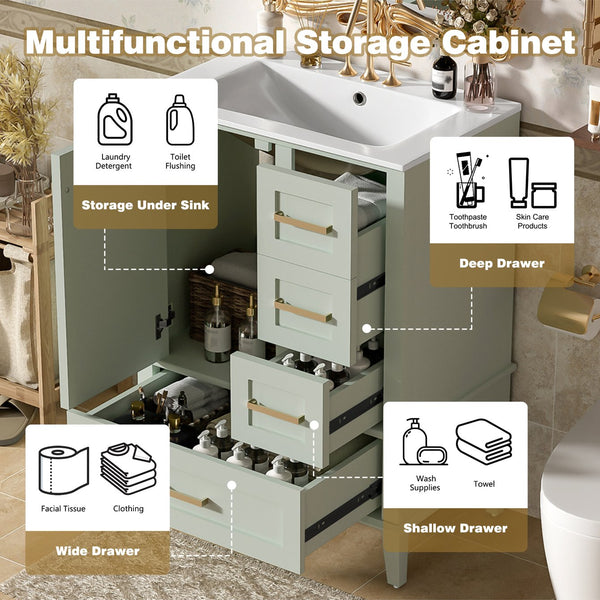 English Elm 24" Olive Bathroom Vanity Solid Wood Frame Ceramic Sink Gold Hardware Soft Close Green N729P373276F