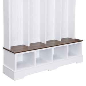 English Elm Farmhouse Hall Tree with Triple Arch Back Panel Eight Hooks Drawers and Entryway Bench White N721S000075K