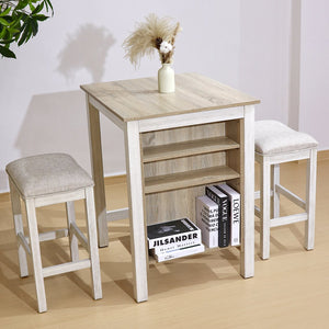 English Elm 3 Piece Counter Height Dining Set with Shelving Cushioned Stools Modern Farmhouse Kitchen Ameican White Oak,Ancient White W2537P369837