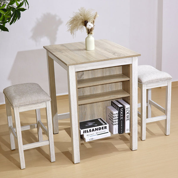 English Elm 3 Piece Counter Height Dining Set with Shelving Cushioned Stools Modern Farmhouse Kitchen Ameican White Oak,Ancient White W2537P369837