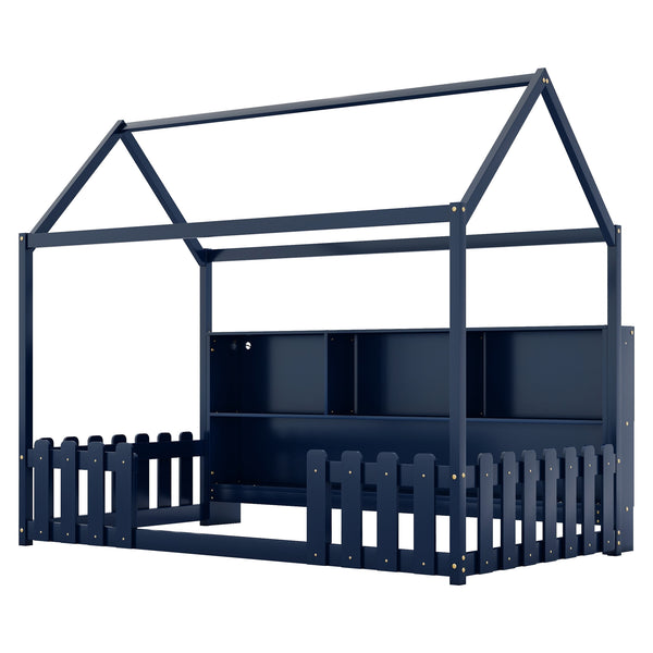 English Elm Twin House Bed with LED Light and Built-In Bookshelf, Solid Wood Playhouse Design for Kids Safety Navy Blue 78.15 L x 15.75 W x 6.1 H W2593P269090