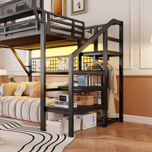 English Elm Full Metal Loft Bed with Stairs Wardrobe Rgb Lighting and Storage for Teens W2580S00066
