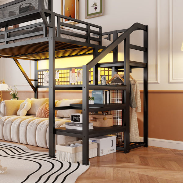 English Elm Full Metal Loft Bed with Stairs Wardrobe Rgb Lighting and Storage for Teens W2580S00066