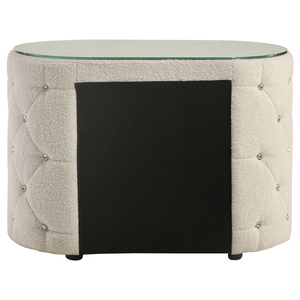 English Elm Santiago Ivory boucle oval nightstand with acrylic tufting, tempered glass top, 2-drawer compact storage B062P375537