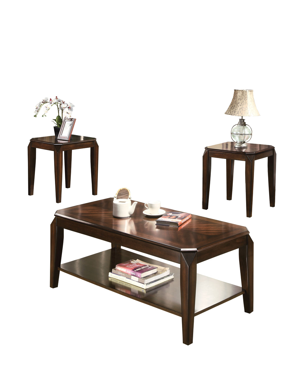 English Elm Docila Walnut 3PC Coffee & 2 End Tables Set – Parquet Top, 79mm Solid Aprons, Tapered Legs, Stylish B2726P251269