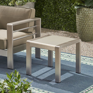 English Elm Cape Coral Frosted Tempered Glass Outdoor Side Table with Rust Resistant Aluminum Frame 65810.00
