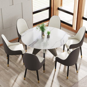 English Elm 53" Round Marble Dining Table - Elegant Silver Stainless Steel Base For 6, Perfect For Modern Spaces W1535S00389