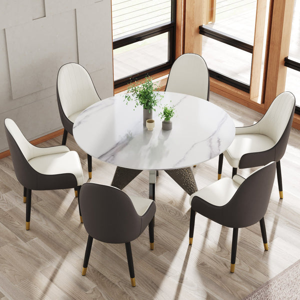 English Elm 53" Round Marble Dining Table - Elegant Silver Stainless Steel Base For 6, Perfect For Modern Spaces W1535S00389
