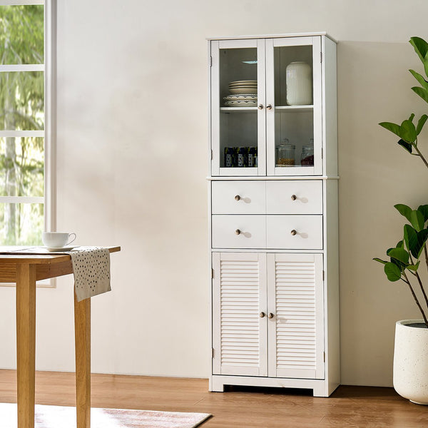English Elm 67" Tall Pantry Cabinet with Glass Doors & Drawer, 67" White MDF Tall Kitchen Storage Cupboard W3417P321849