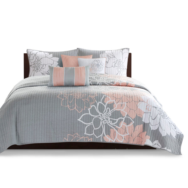 English Elm 6 Piece Lola Reversible Cotton Quilt Set King/Cal King Grey Peach Floral Printed OEKO-TEX Certified Luxury B03597571
