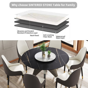 English Elm 53" Round Marble Dining Table - Elegant Sintered Stone Top With Stainless Steel Base For 6 People W1535S00388
