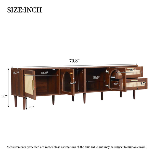 English Elm 70 Inch Rattan Media Console with Led Lighting Two Drawers Glass Storage Modern Living Room N710P396852P
