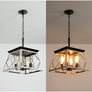 English Elm 16" Oak Industrial 4-Light Pendant Chandelier Rustic Metal Cage, Adjustable 0-40" Chain, E26 Bulb Ready W2312P368672