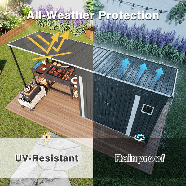English Elm 12x4ft Steel Lean to Shed with Open Pergola Combo Backyard Storage and Shaded Patio W3213S00011