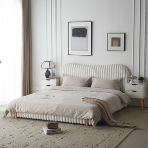 English Elm Christopher Knight Home® - Sleek White Boucle Upholstered Bed With Sculptural Wavy Headboard & Vertical Stitching, Queen Size N769P261288Q