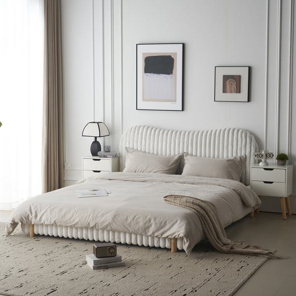 English Elm Christopher Knight Home® - Sleek White Boucle Upholstered Bed With Wavy Headboard & Vertical Stitching - King Size Comfort N769P261294W