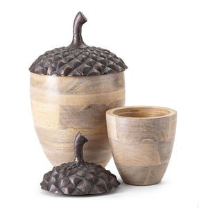 English Elm Set of 2 Mango Wood Acorn Figurines with Hammered Copper Aluminum Caps Shelf Decor W2078P361045
