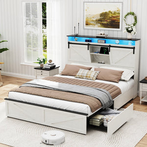 English Elm Farmhouse Queen Size Bed Frame With Storage, Charging Station, Led Lights & Underbed Drawers, White W1550P343686
