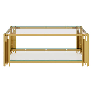English Elm Modern Glam Rectangular Coffee Table with Mirrored Top Gold Sculptural Frame Open Shelf Transparent N735P380101K
