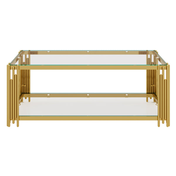 English Elm Modern Glam Rectangular Coffee Table with Mirrored Top Gold Sculptural Frame Open Shelf Transparent N735P380099K