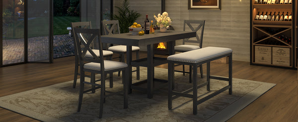 English Elm U_style Rubberwood Farmhouse Bar Table Set Expandable Crossback Chairs Bench Seating Grey WY000534AAE