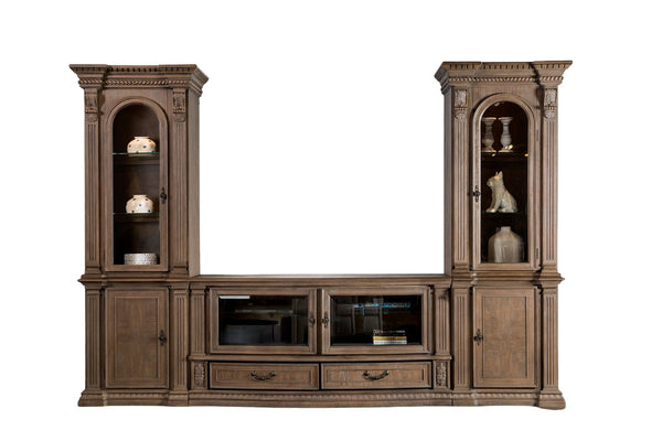 English Elm Traditional Weathered Oak Entertainment Console Hand Carved Dentil Crown Six Door Storage B2741S00759