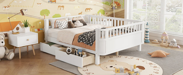English Elm Twin Kids Platform Bed Solid Pine White Finish with Storage Drawers and Safety Rails White W2593P409116