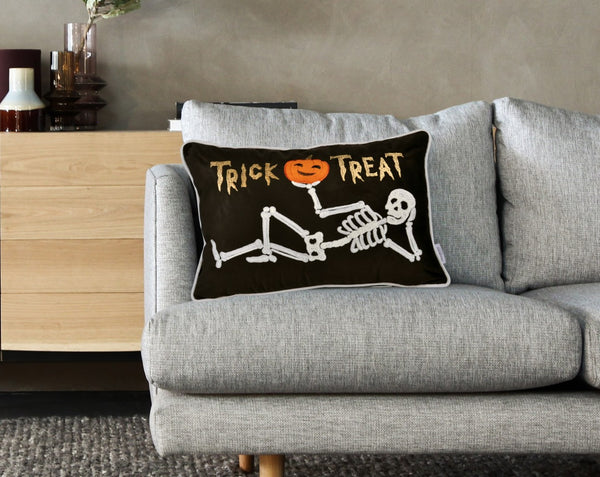 English Elm Trick Or Treat Skeleton Velvet Throw Pillow - Luxurious Black Accent For Spooky Halloween Decor B357P360658-GIGA