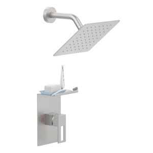 English Elm Shower 8" Square Rain Head Faucet Set with Single-Handle Mixer, 15" Arm, Rack Storage & Detachable Trim (Modern) Brushed Nickel T3177P269411